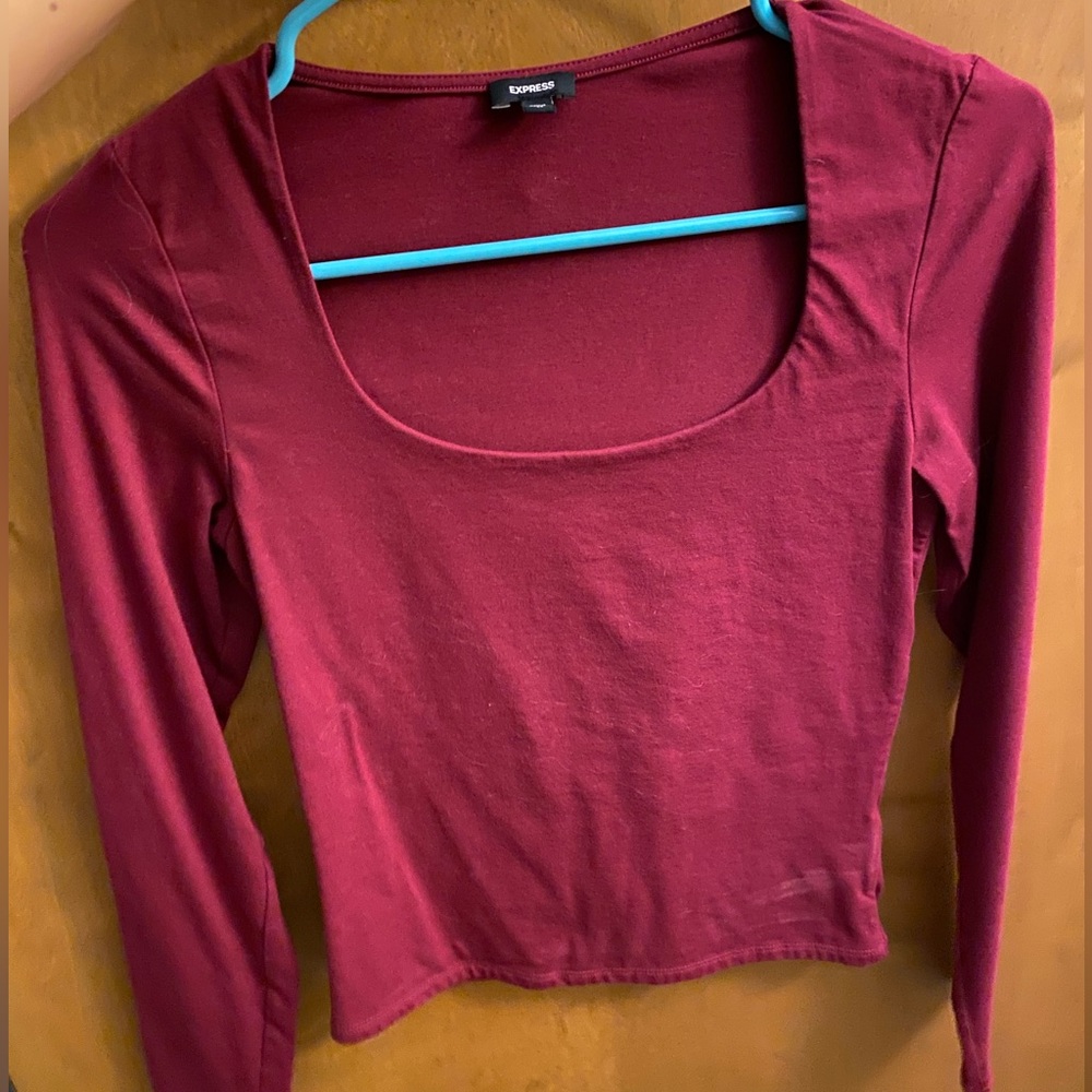 Express Red Scoop Neck Fitted Long Sleeve Top